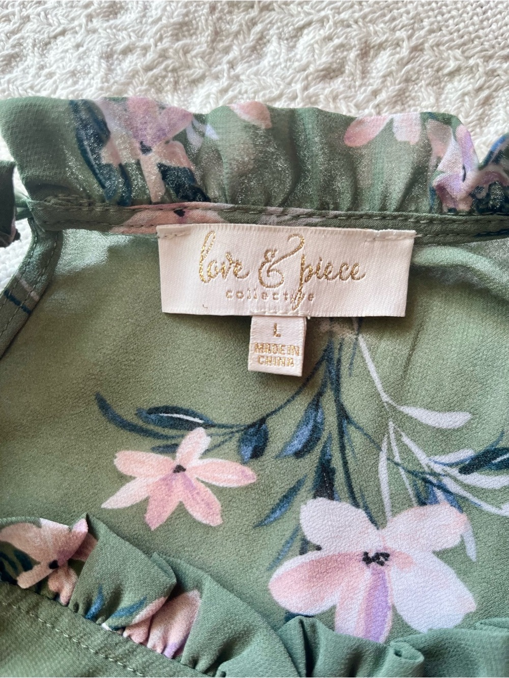 Love & Piece Sweet Olive Green Floral Pleated Ruffle Blouse with Flutter Sleeves - Picture 6 of 10